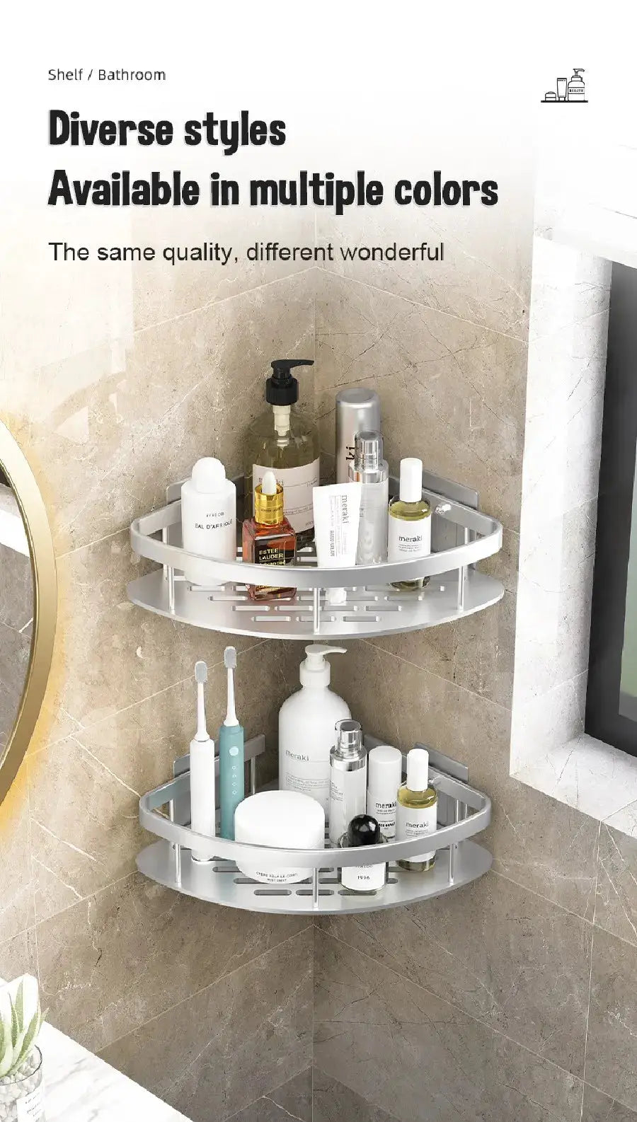 Bathroom corner shower caddy aluminum wall-mounted with two circular shelves by Simples Market