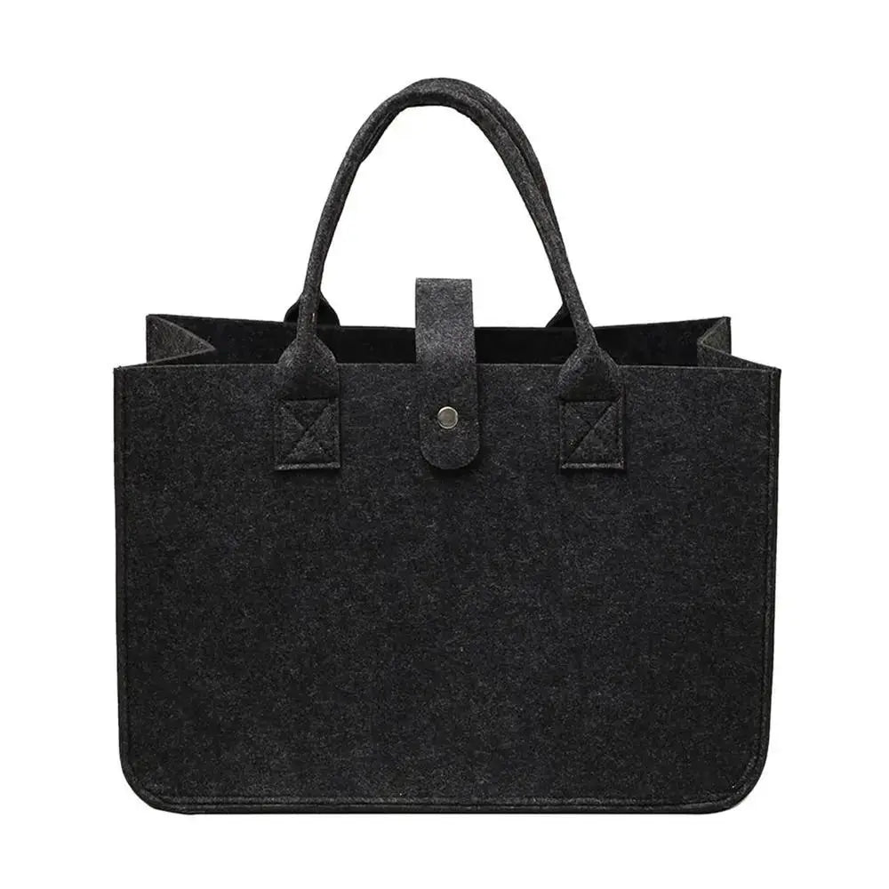 Black felt tote bag with two short handles and front strap snap closure, large-capacity handbag