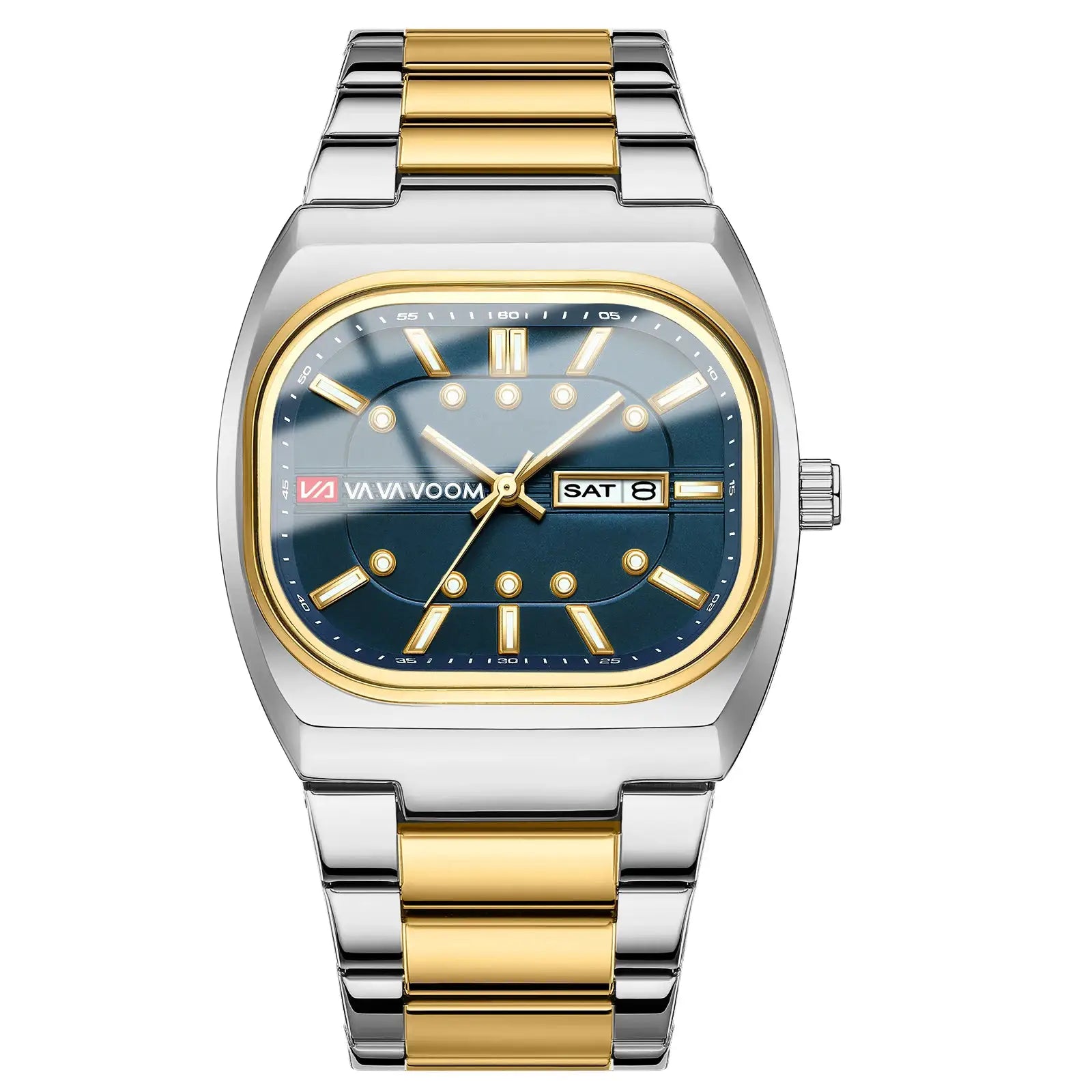 Men's square 40mm quartz dive watch from Simples Market, two-tone stainless steel band and blue dial.
