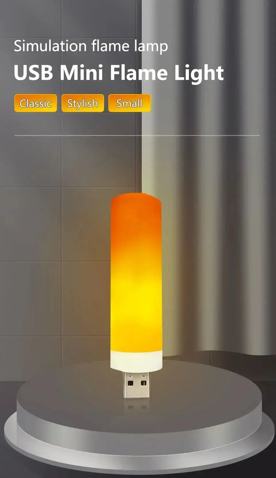 USB LED Flame Light with orange–yellow gradient, flickering fire effect, USB-powered cylindrical lamp