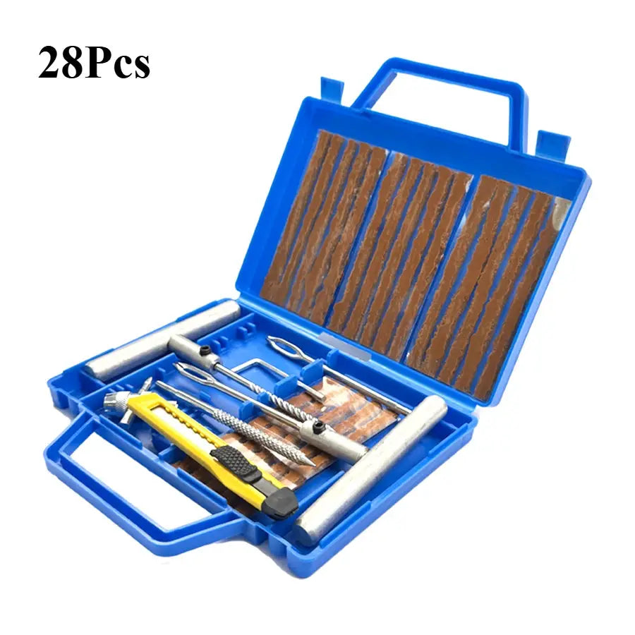 Blue 28-piece car tire repair tool kit in a case with puncture plugs and steel tools.