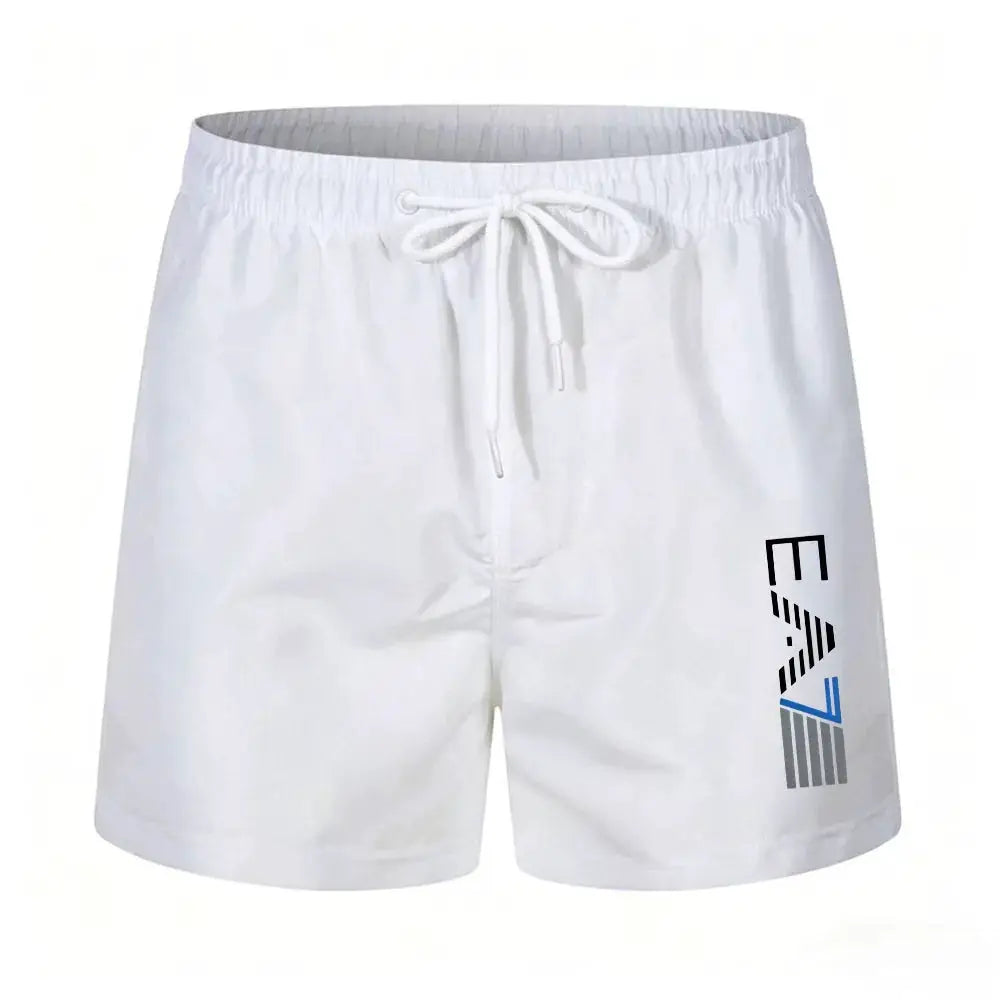 Men's white swim trunks with drawstring and elastic waist; right-leg logo graphic