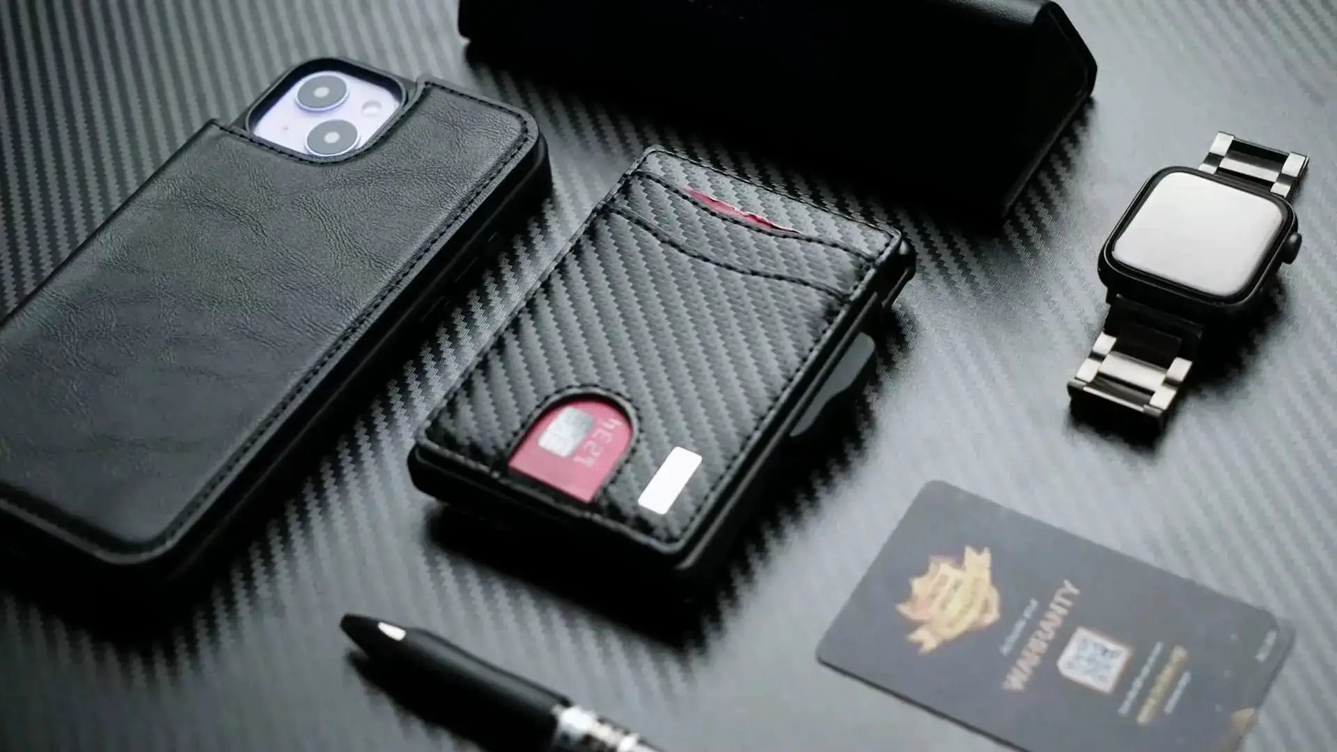 Men's 3-piece black minimalist wallet set with cash clip and ID window; carbon fiber cardholder and smartwatch.