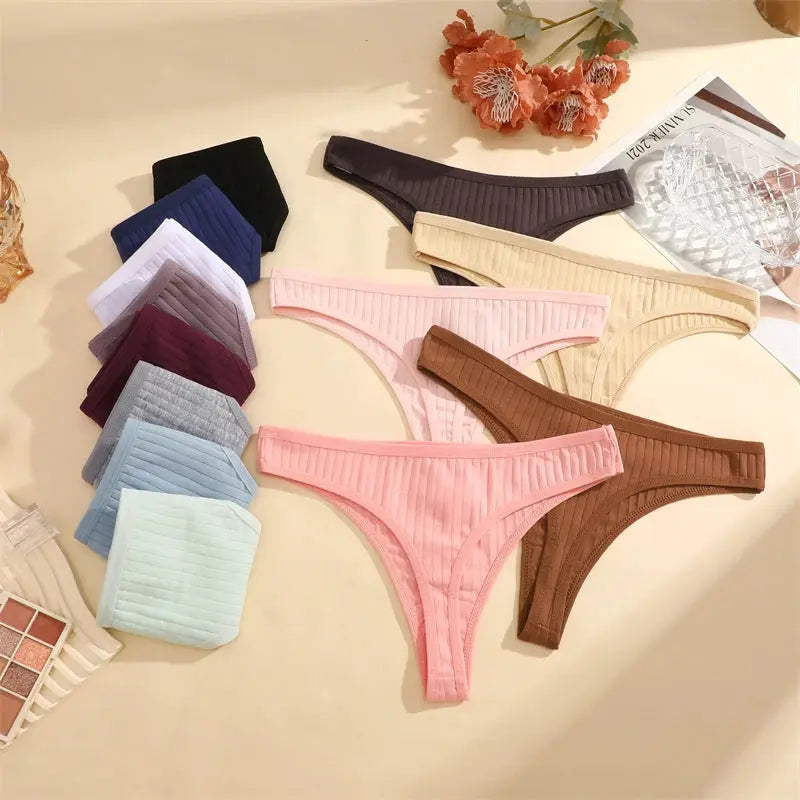 7pc women's cotton striped thong underwear set, low-waist G-string, Simples Market, assorted colors