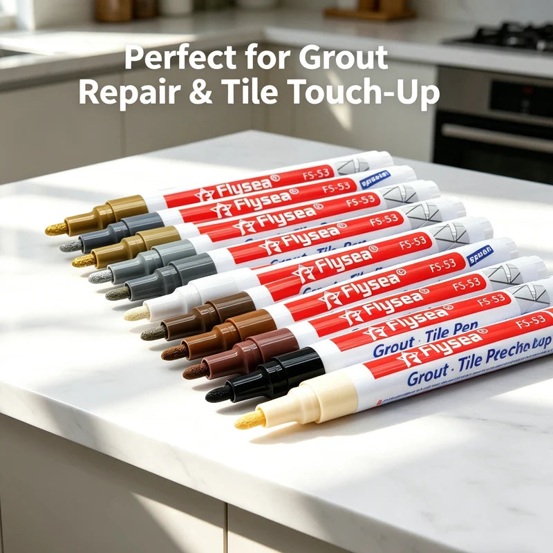 Flysea grout pen set for tile repair; waterproof markers in black, white, beige.