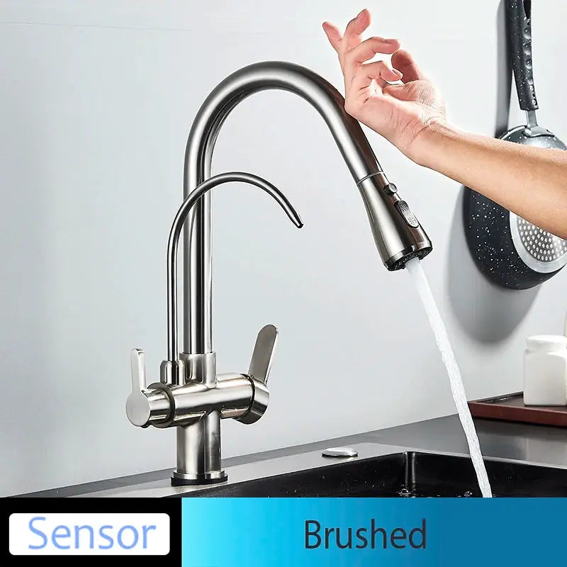 Simples Market brushed stainless steel kitchen faucet with pull-out spray, dual handles, deck-mounted
