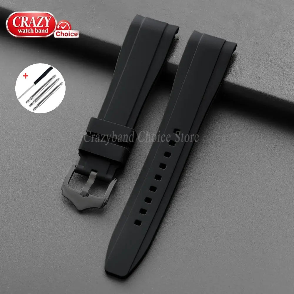 Set of 2 rubber watch straps, black silicone, 20mm/22mm, curved-end, universal fit for Rolex, DW, Casio, Seiko