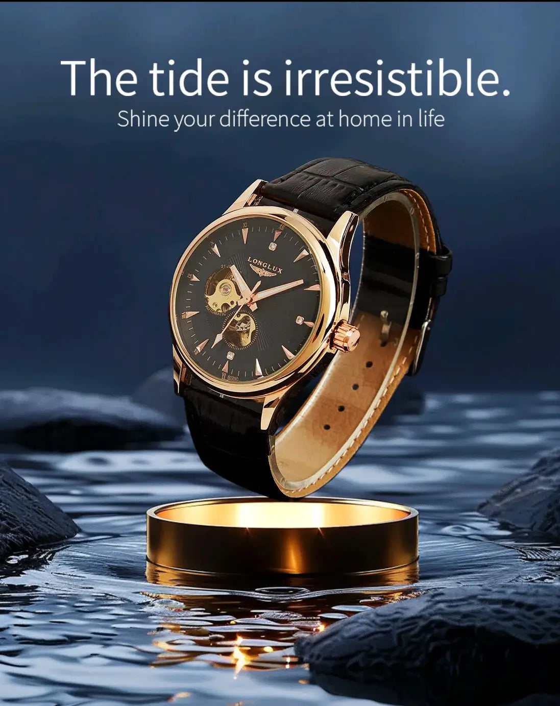LONGLUX automatic skeleton watch with rose-gold case and black leather strap