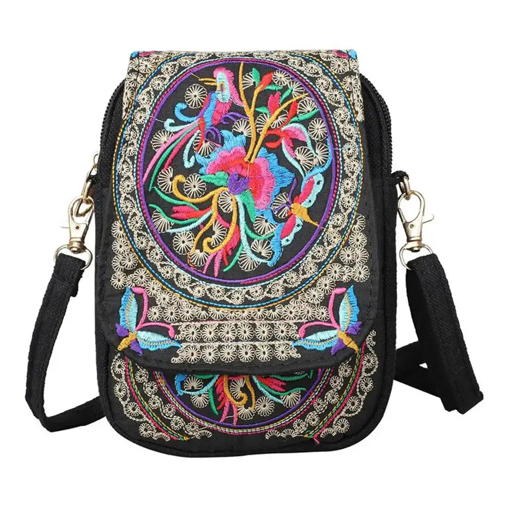 Embroidered crossbody phone bag, small black canvas with colorful floral design and zipper