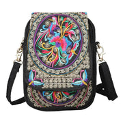 Embroidered crossbody phone bag, small black canvas with colorful floral design and zipper