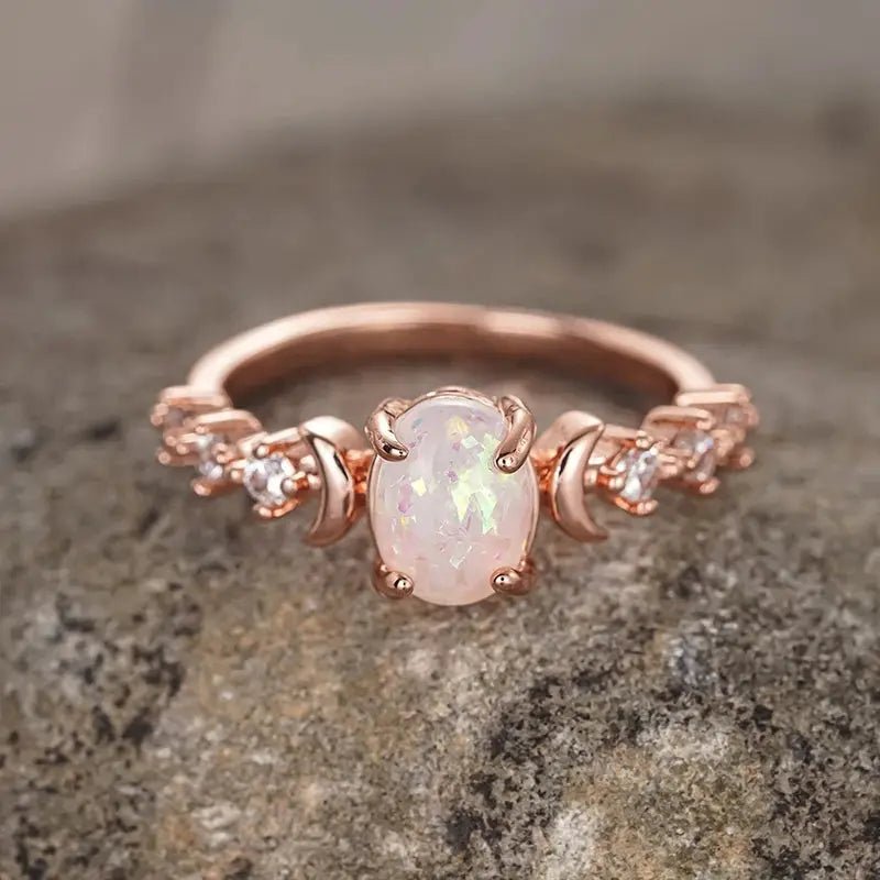 Huitan Blue White Imitation Opal Moon Rings For Women Brass Cubic Zirconia Jewelry Wedding Accessories Anniversary Gift - Simples Market