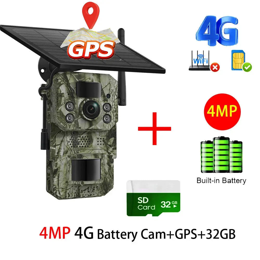 Simples Market INQMEGA4G camouflaged trail camera with solar panel, 4G, 4MP, built-in battery, and 32GB SD card.