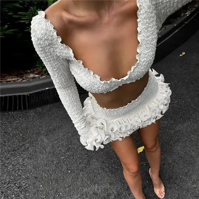 Shestyle White Autumn Two Piece Set Ruffles Crop Top And Sheath Skirt
