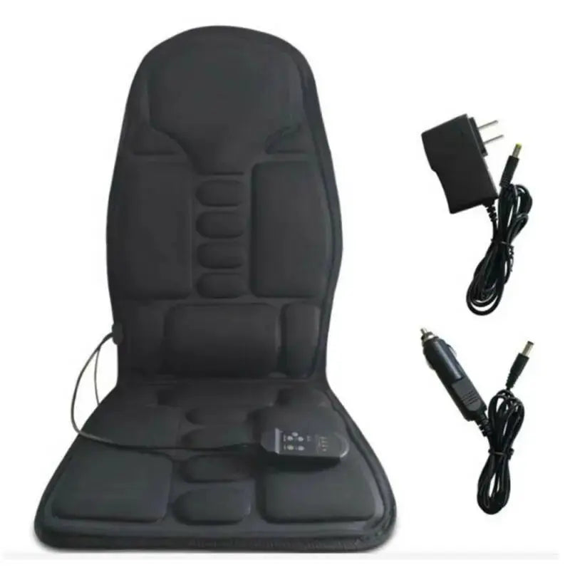 Black massager chair pad with remote, heating and vibrating back cushion; includes wall and car adapters.