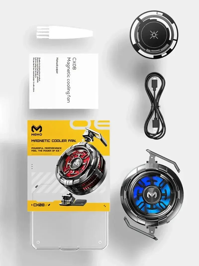 MEMO magnetic back-clip phone cooler fan, 2-in-1 CX08/CX07, blue LED ring, USB cable, packaging.