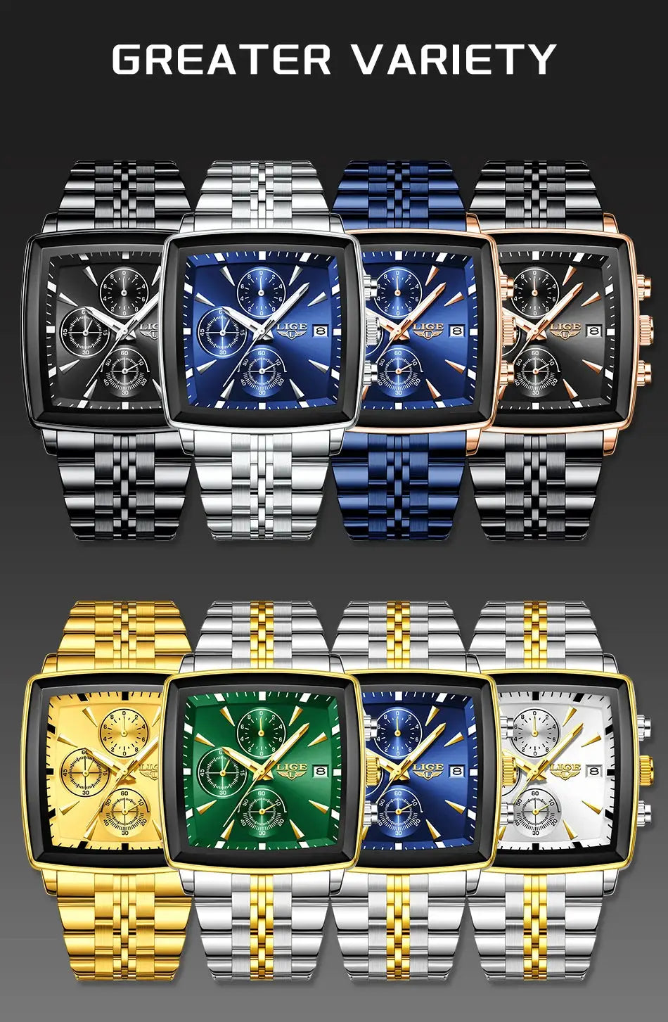 LIGE men's square-dial luxury watches in stainless steel, 8 color finishes, chronograph subdials and date window