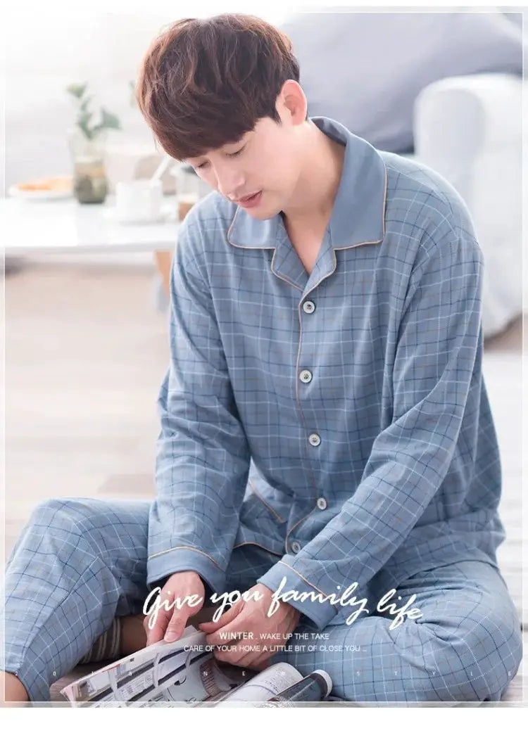 Cotton Men Pajamas Set of Autumn Winter Long-Sleeved Cardigan Plus Size Men Models of Home Clothing Plaid Sleepwear 2PCS/Set