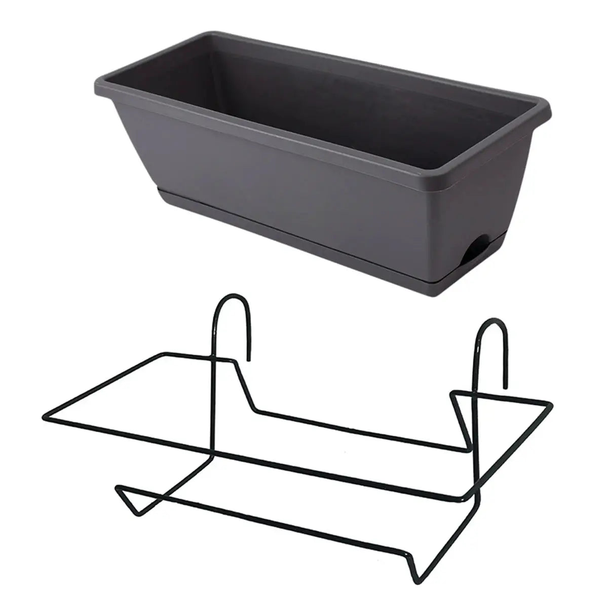 Simples Market gray plastic balcony planter with tray and black metal hanging rack (2-piece set).