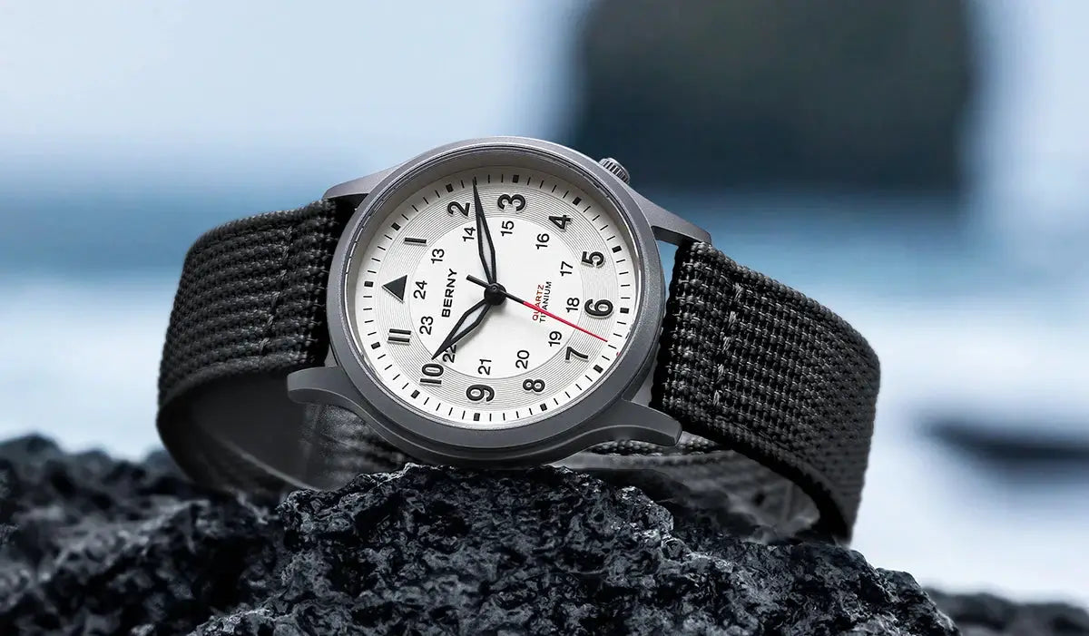 BERNY titanium field watch for men with easy-read white dial and black fabric strap