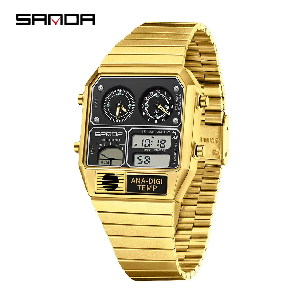 Sanda 3192 Mens Square Digital Analog Watch Waterproof Led Thermometer Stopwatch Sporty Durable Timepiece