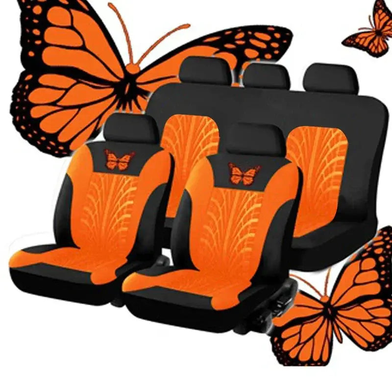 Car seat cover set, 5-piece, by Simples Market, orange butterfly embroidery on black seats, universal fit.