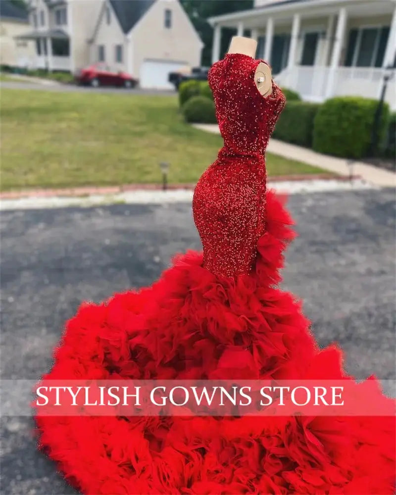 Red Long Prom Dress Beaded Crystal Mermaid Gown Customized High Slit