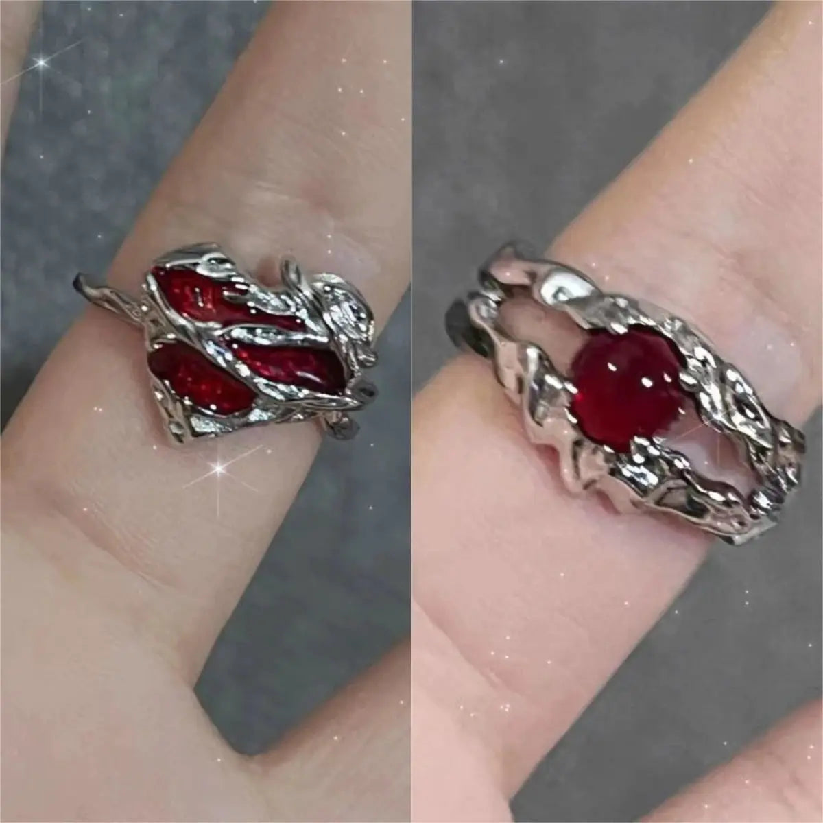 Goth punk open ring with red crystal centerpiece and silver vine filigree band