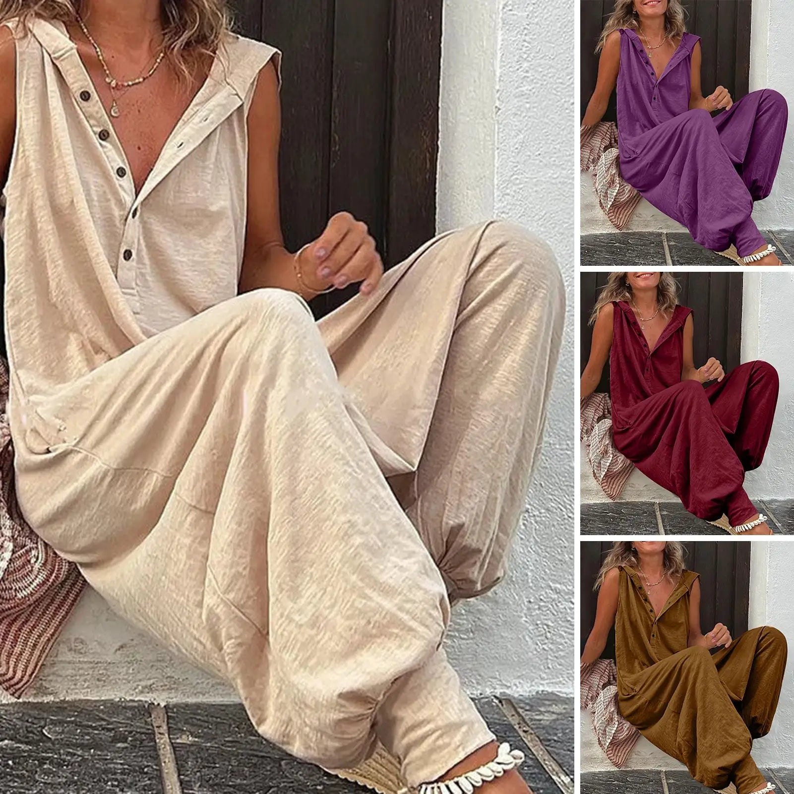 Simples Market cotton bohemian stripe overalls for women in beige, purple, burgundy, olive, and mustard