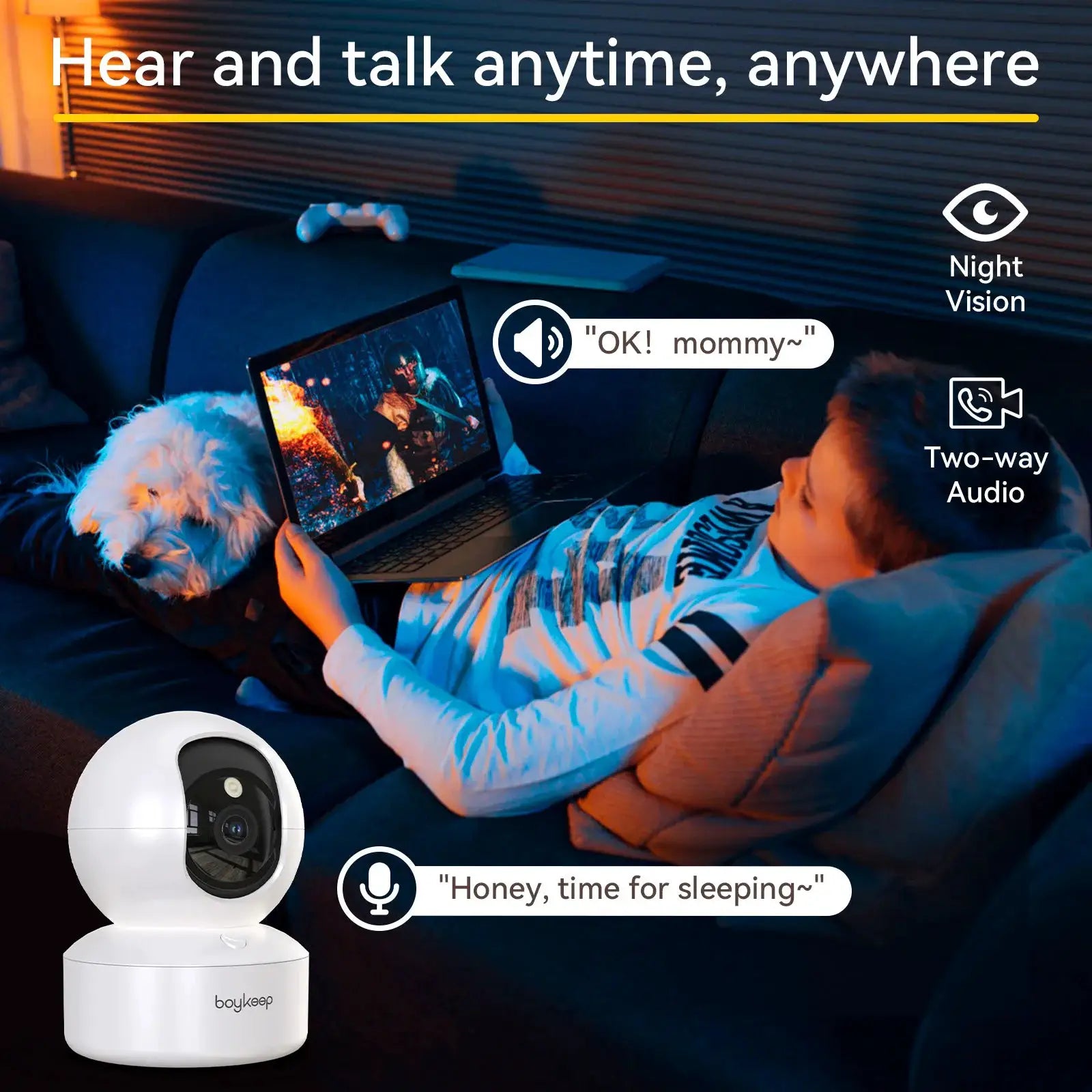 BoyKeep 3MP WiFi indoor baby monitor camera by Simples Market, white spherical cam with night vision and two-way audio