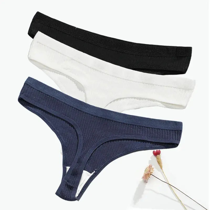 3-pack women's cotton low-waist panties in black, white, and navy