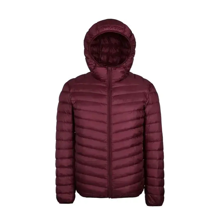 Men's maroon down jacket with hood, lightweight quilted puffer coat