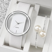 2-piece women's watch and bracelet set with white leather band, hollow dial, quartz movement, pearl and crystal bracelet