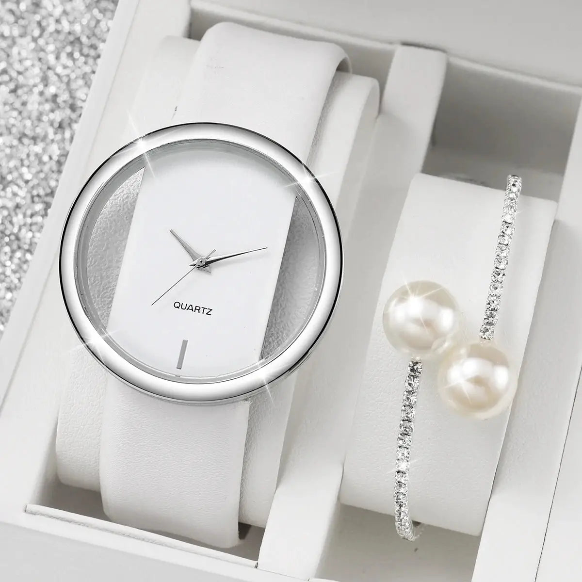 2-piece women's watch and bracelet set with white leather band, hollow dial, quartz movement, pearl and crystal bracelet