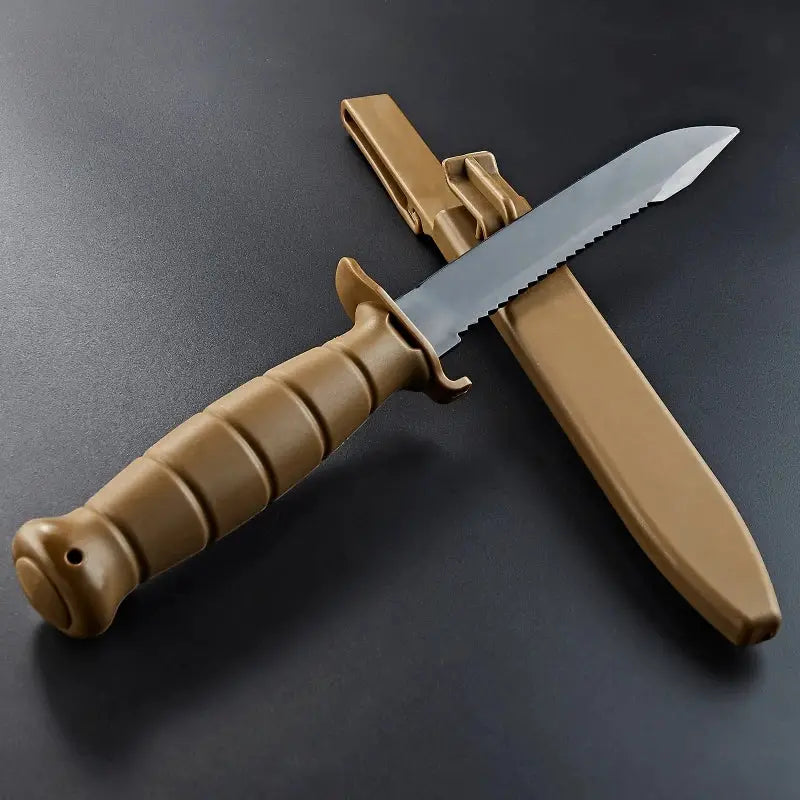 zlang training fixed-blade combat knife with tan ABS handle and rubber TPE blade, tan sheath Simples Market