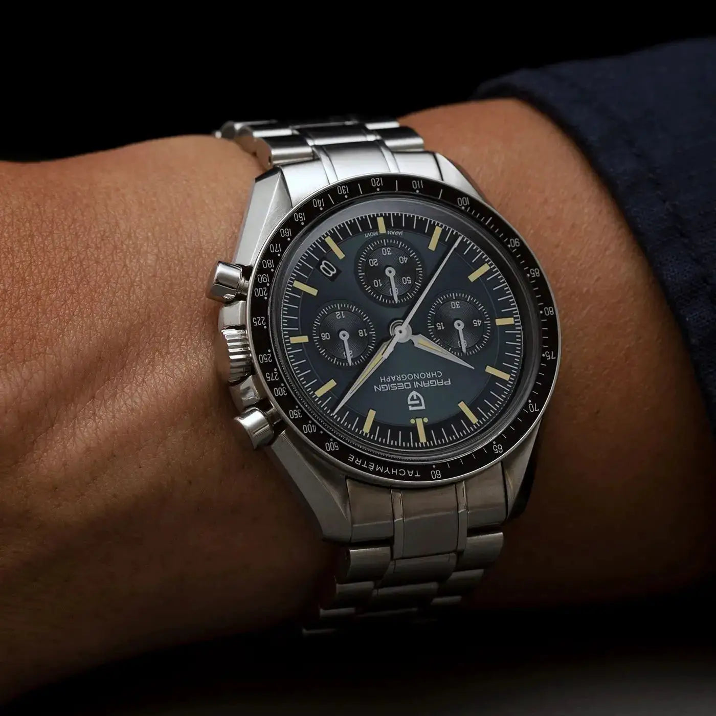 PAGANI DESIGN chronograph watch for men on stainless steel bracelet with black bezel
