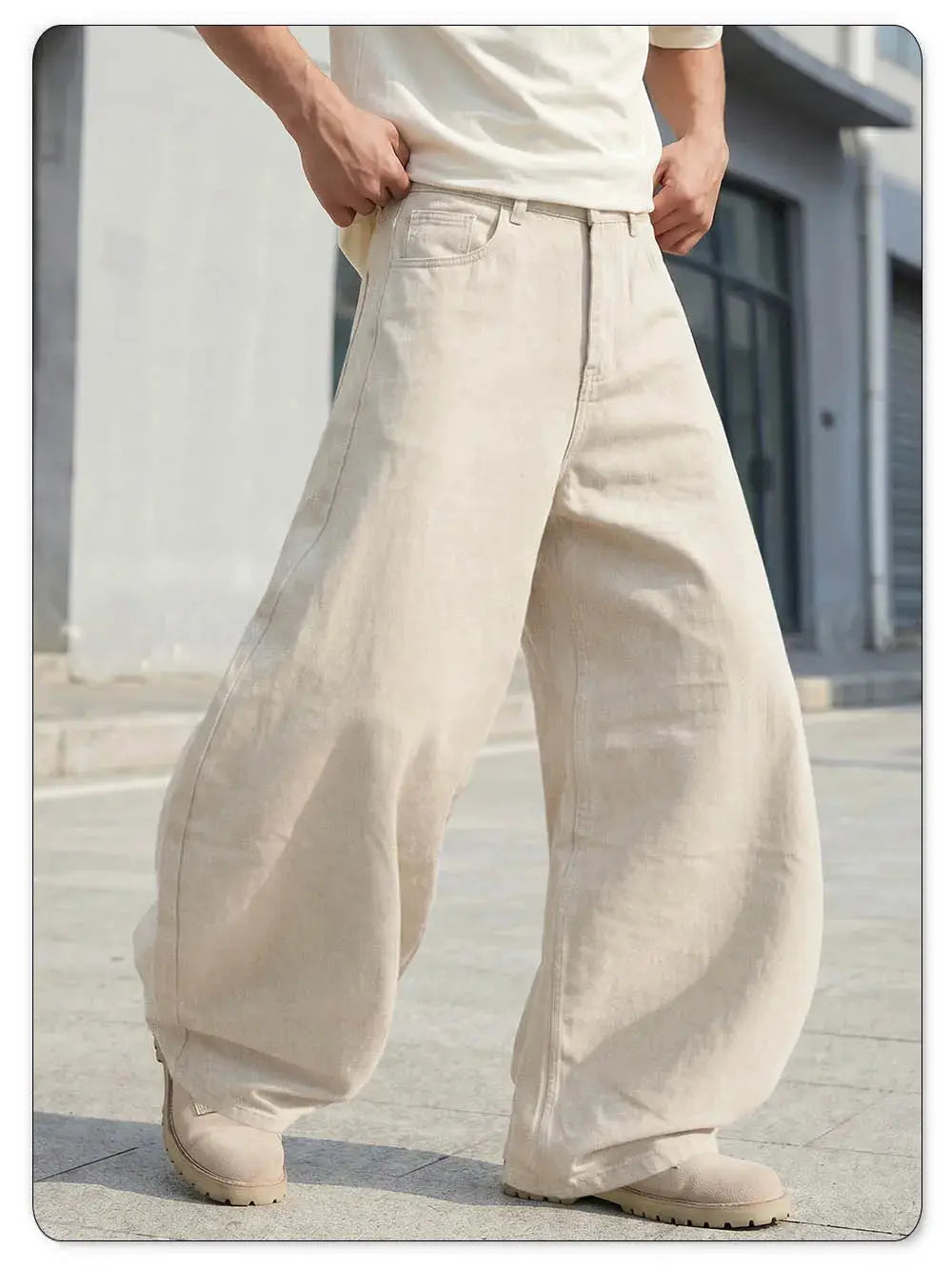 LIYS men's beige loose wide-leg high-waisted denim jeans by Simples Market