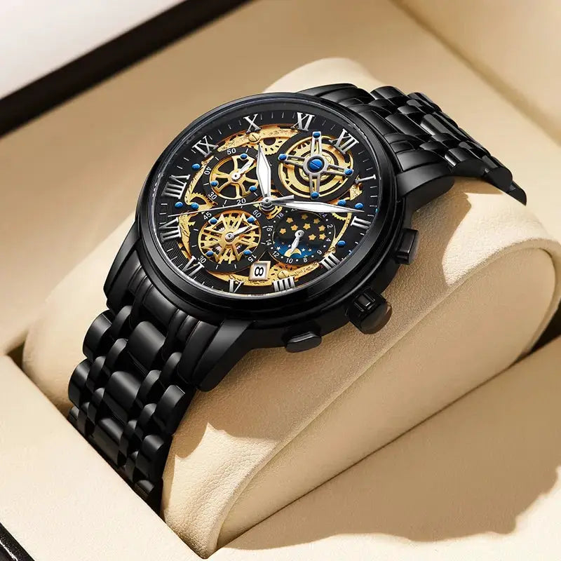 LIGE men's skeleton chronograph watch with black stainless steel bracelet and gold-tone gears.