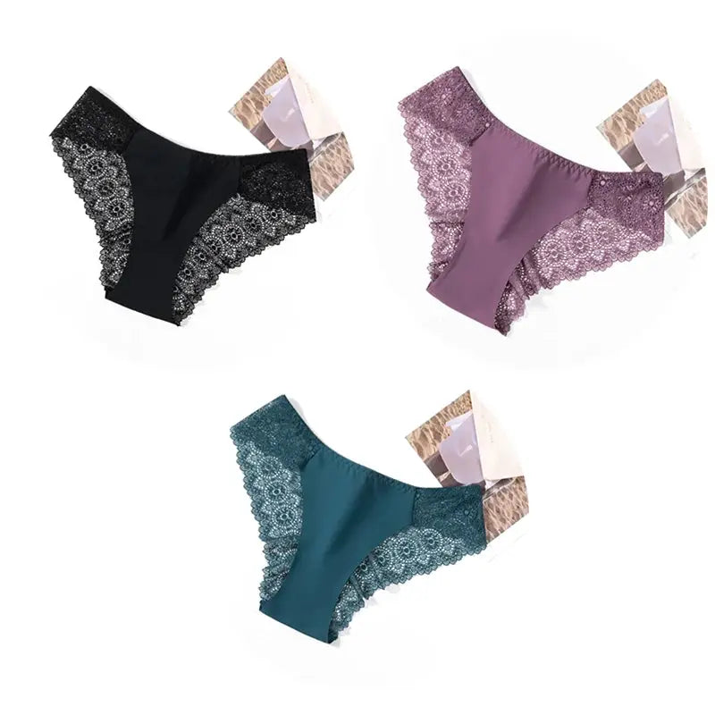 Panties 3-piece women's silk satin lace underwear set in black, lavender, and teal by Simples Market
