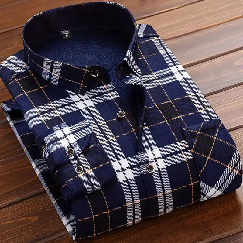 Men's navy plaid flannel shirt, long sleeves, casual dress shirt
