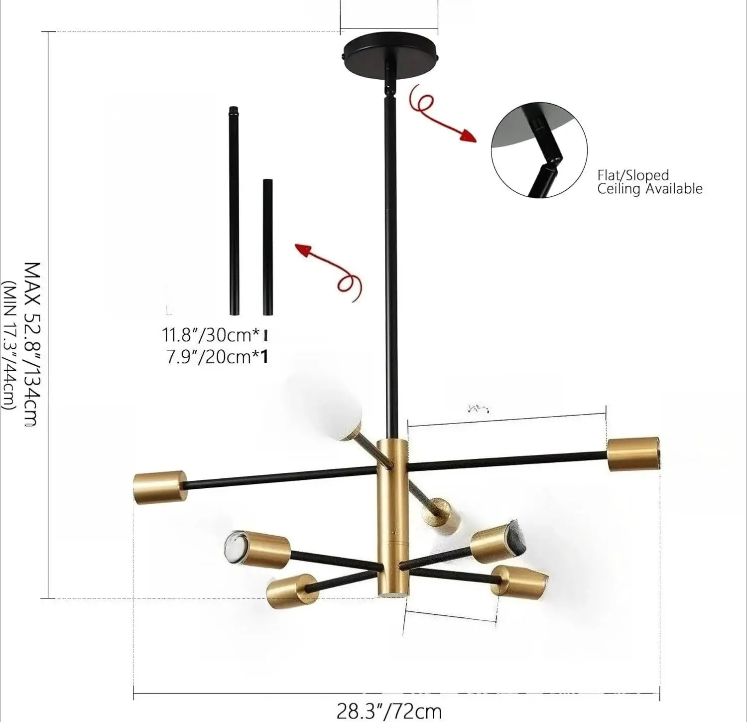 Nordic LED chandelier pendant lamp in black with brass accents, minimalist multi-arm fixture for living room