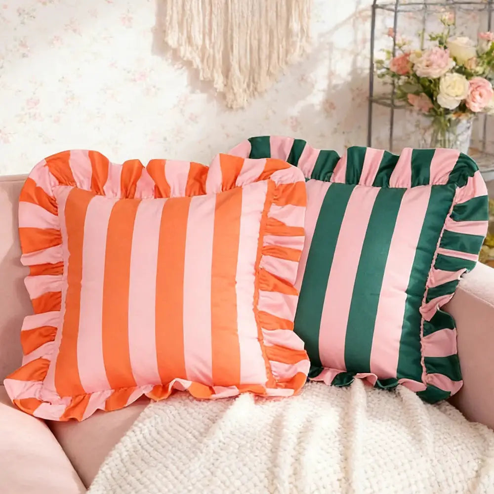 Striped lace velvet pillowcases, 18x18, orange/pink and green/pink, with ruffled edges, set of 2