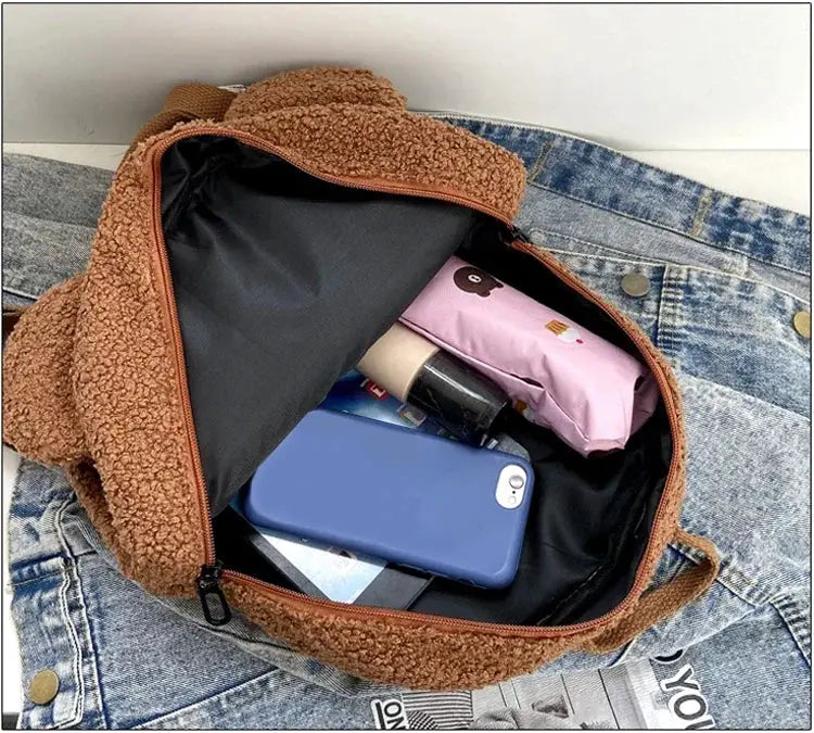 Cute bear-ear fleece small backpack for kids by Simples Market, brown lambswool.