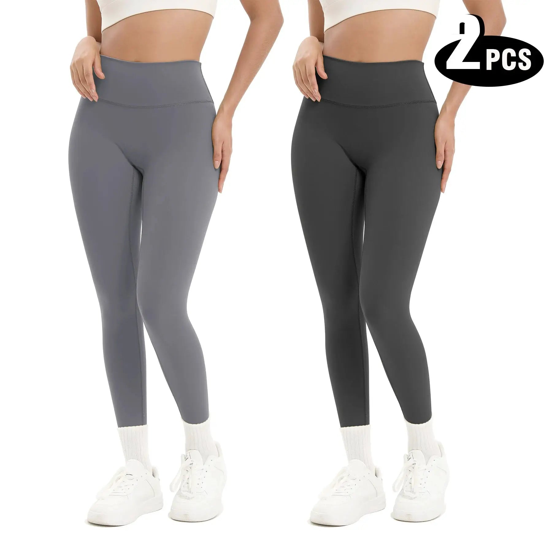 2-pack women's high-waisted seamless yoga leggings in gray and black, butt-lifting design, Simples Market.
