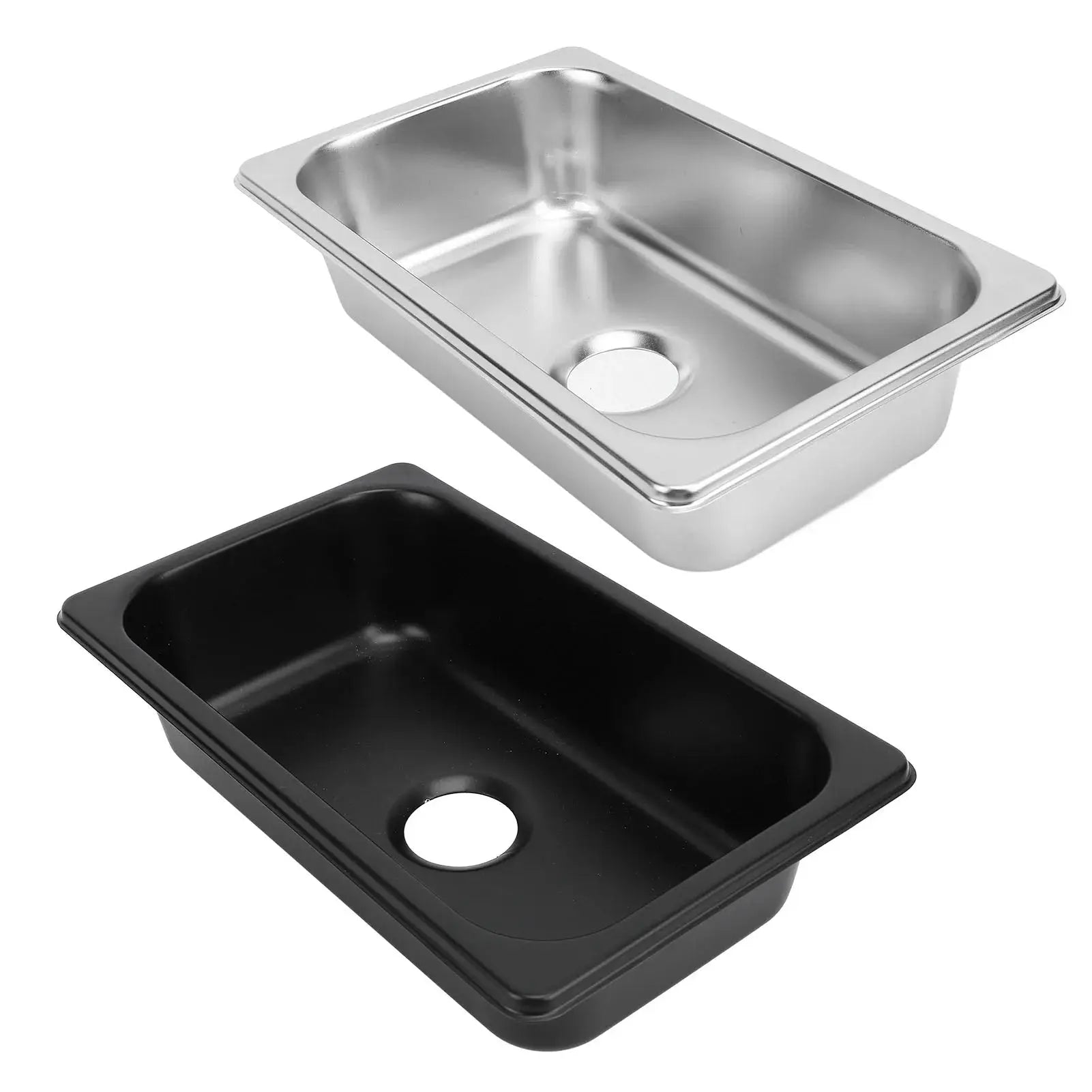 Rectangular RV304 stainless steel kitchen sink; silver and black variants, two hand-wash basins with circular drains.