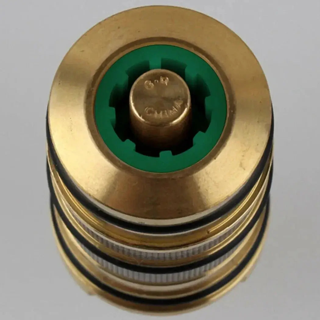 Brass replacement thermostatic cartridge for shower mixer valve; green inner seal and brass stem