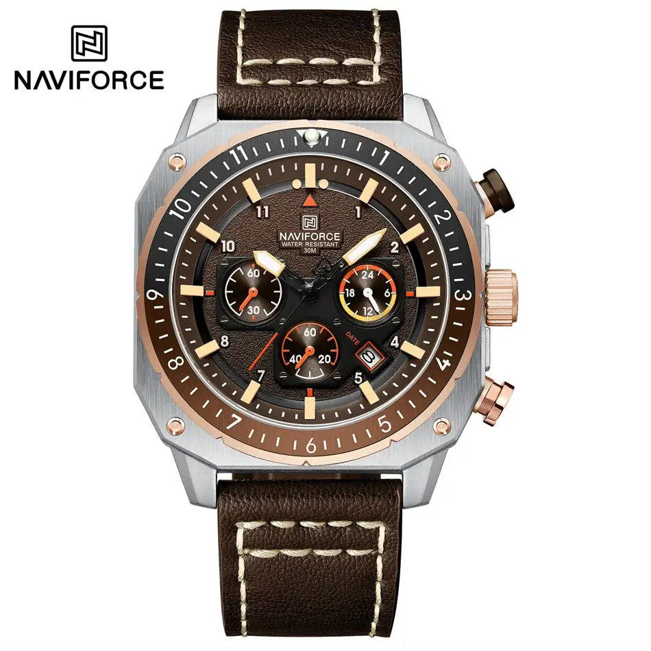 NAVIFORCE men's multifunction quartz watch with brown leather strap and rose-gold bezel