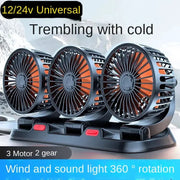 Simples Market car fan with 3 heads, black housing and orange blades, 12/24V universal, 360° rotation