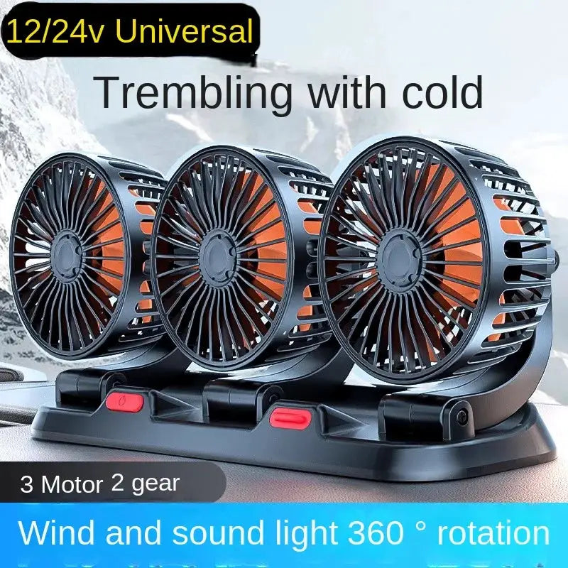 Simples Market car fan with 3 heads, black housing and orange blades, 12/24V universal, 360° rotation