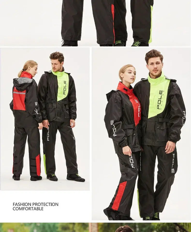 POLE motorcycle raincoat set with pants, black with neon lime and red panels; breathable, waterproof, reflective.