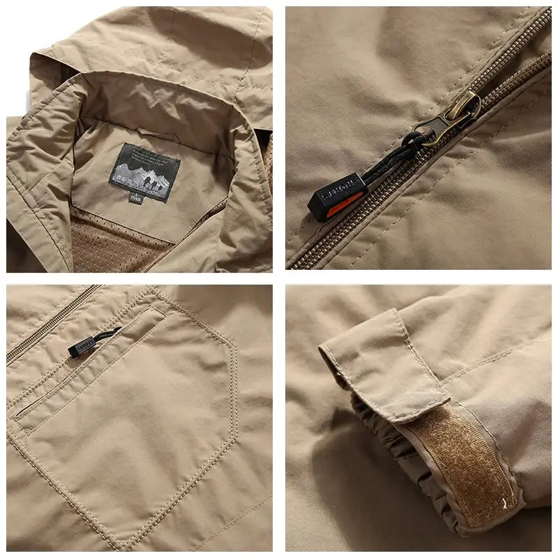 Beige men's outdoor waterproof jacket with hood, zip pockets, and adjustable cuffs